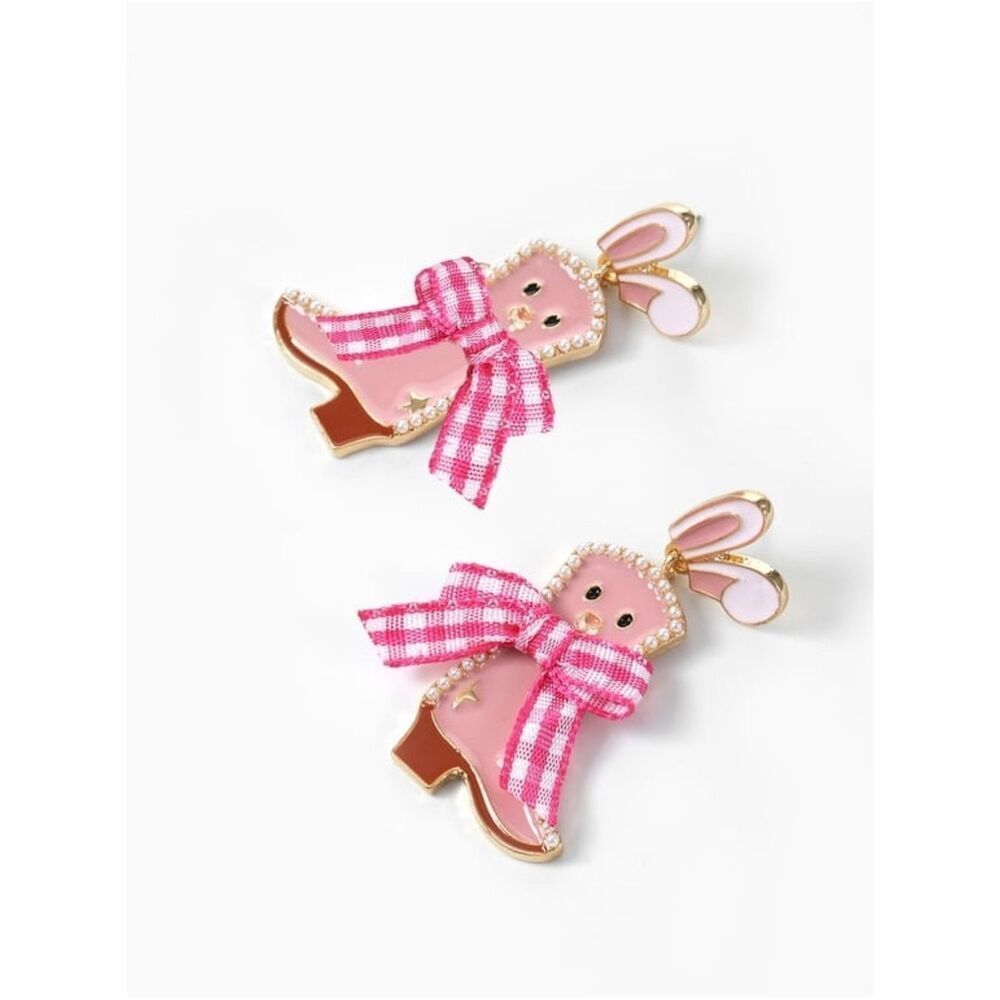 New Easter Pink Bunny Cowboy Boot Drop Earrings - Picture 3 of 4